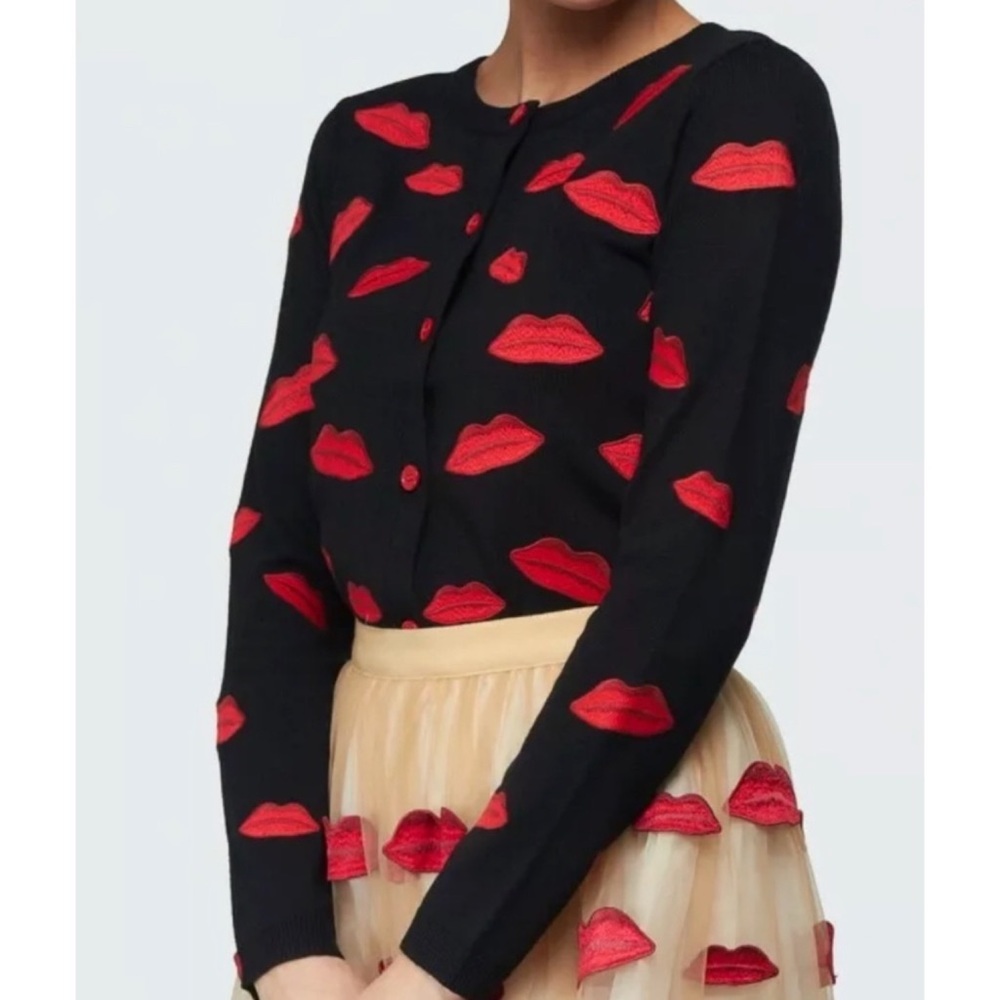 Alice + Olivia Black and Red Lip Cardigan